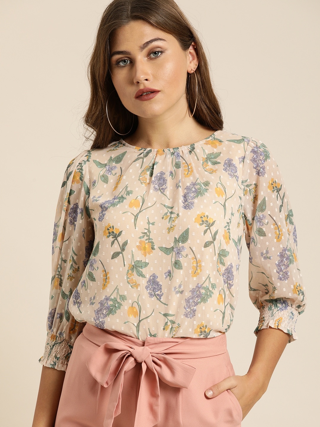 

all about you Beige & Green Dobby Weave Floral Printed Top