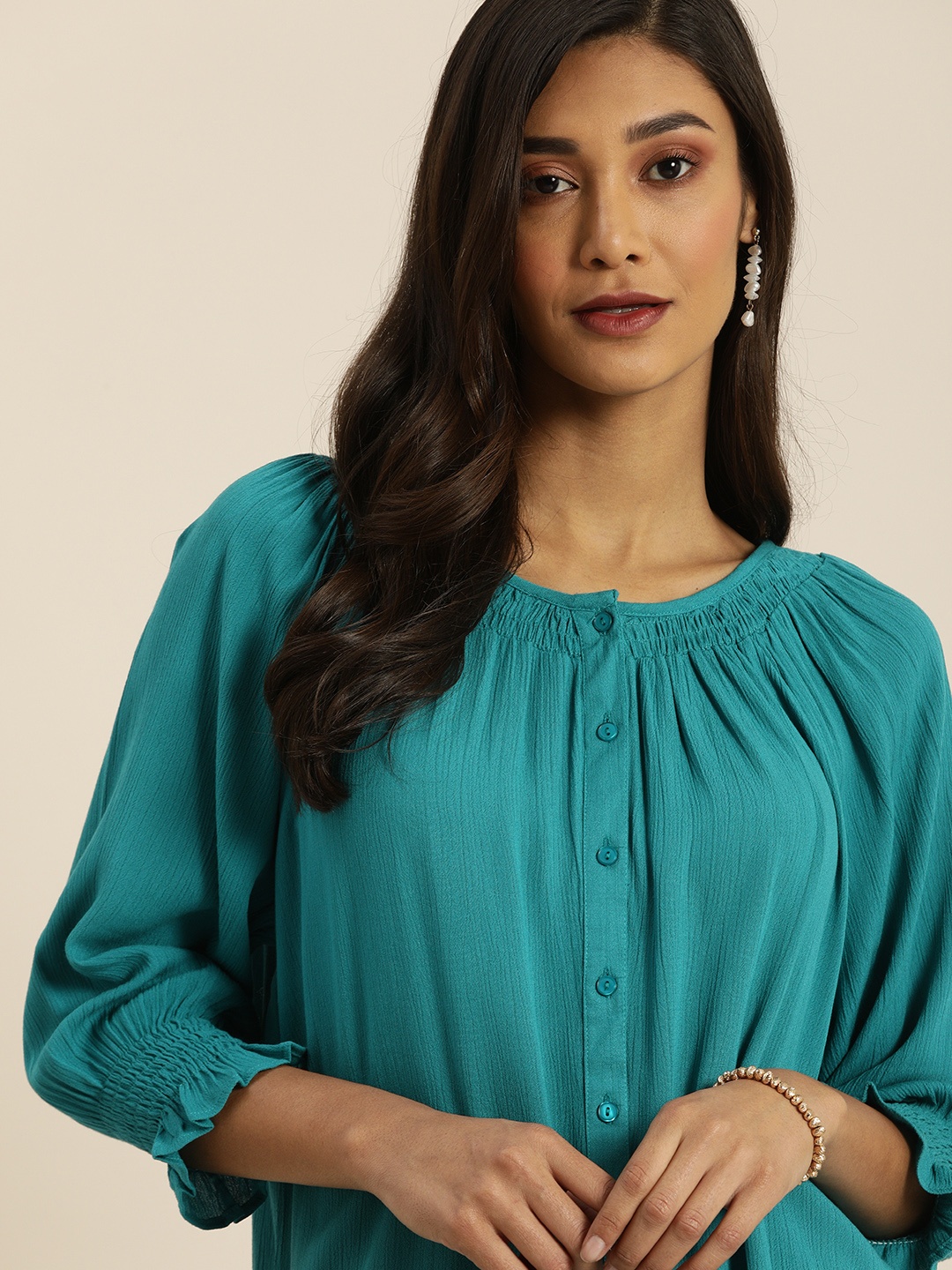 

all about you Teal Blue Solid Puff Sleeves Smocked Top