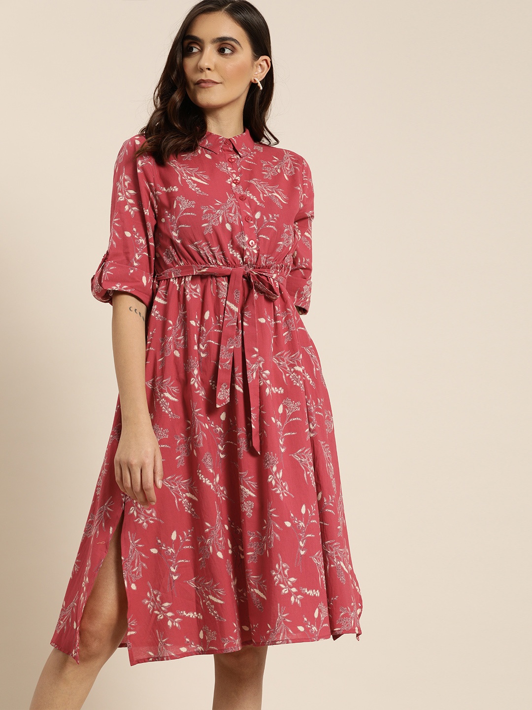 

all about you Women Rust Pink & Off White Floral Printed Belted Shirt Dress