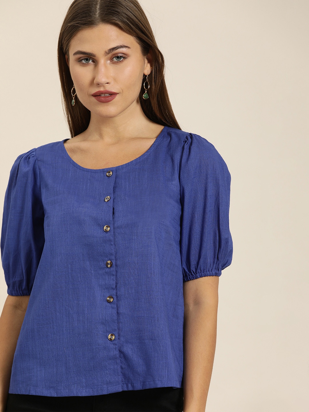 

all about you Women Blue Solid Puffed Sleeve Pure Cotton Top