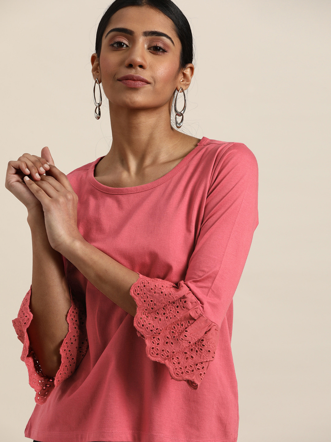 

all about you Women Pink Solid Pure Cotton Bell Sleeves Top With Schiffli Detail