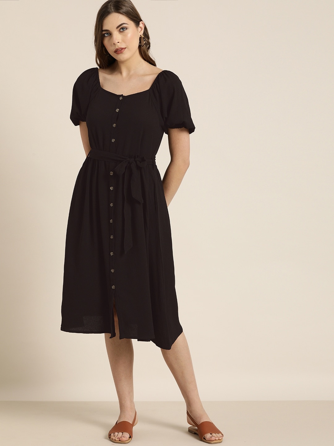 

all about you Women Black Solid A-Line Dress with Waist Tie-Ups