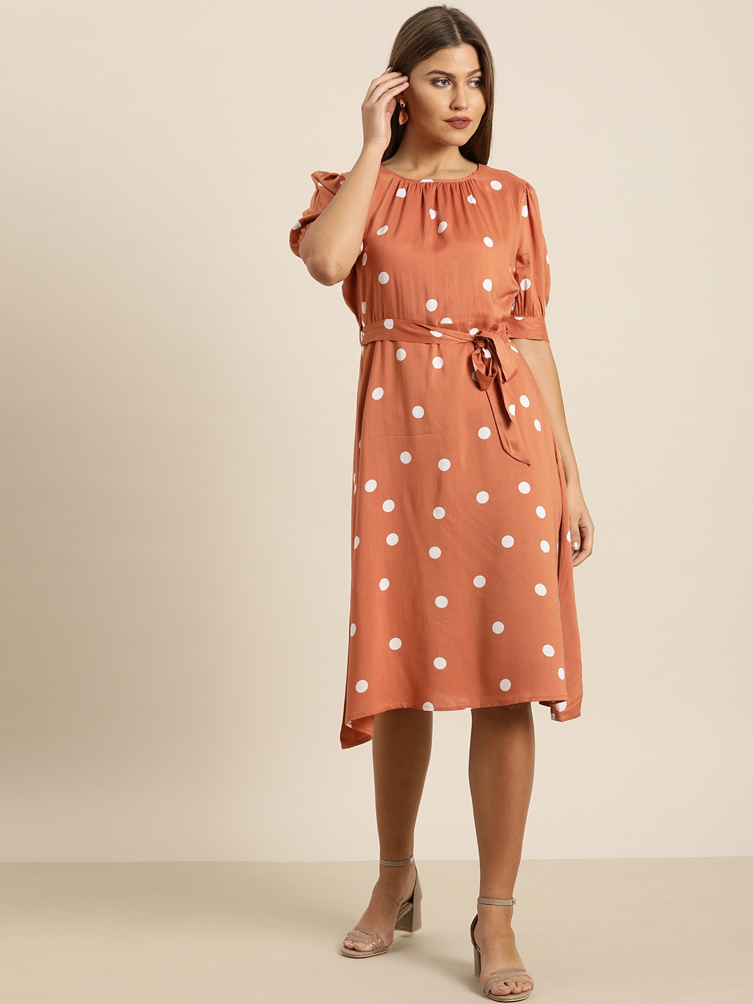 

all about you Women Peach-Coloured & White Printed Fit and Flare Dress