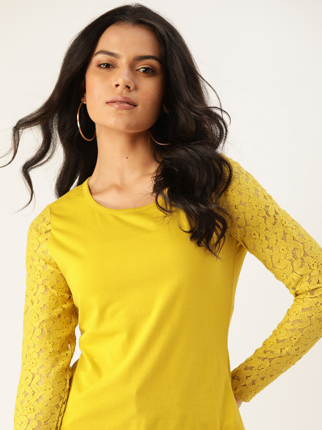 

all about you Yellow Lace Sleeves Regular Top