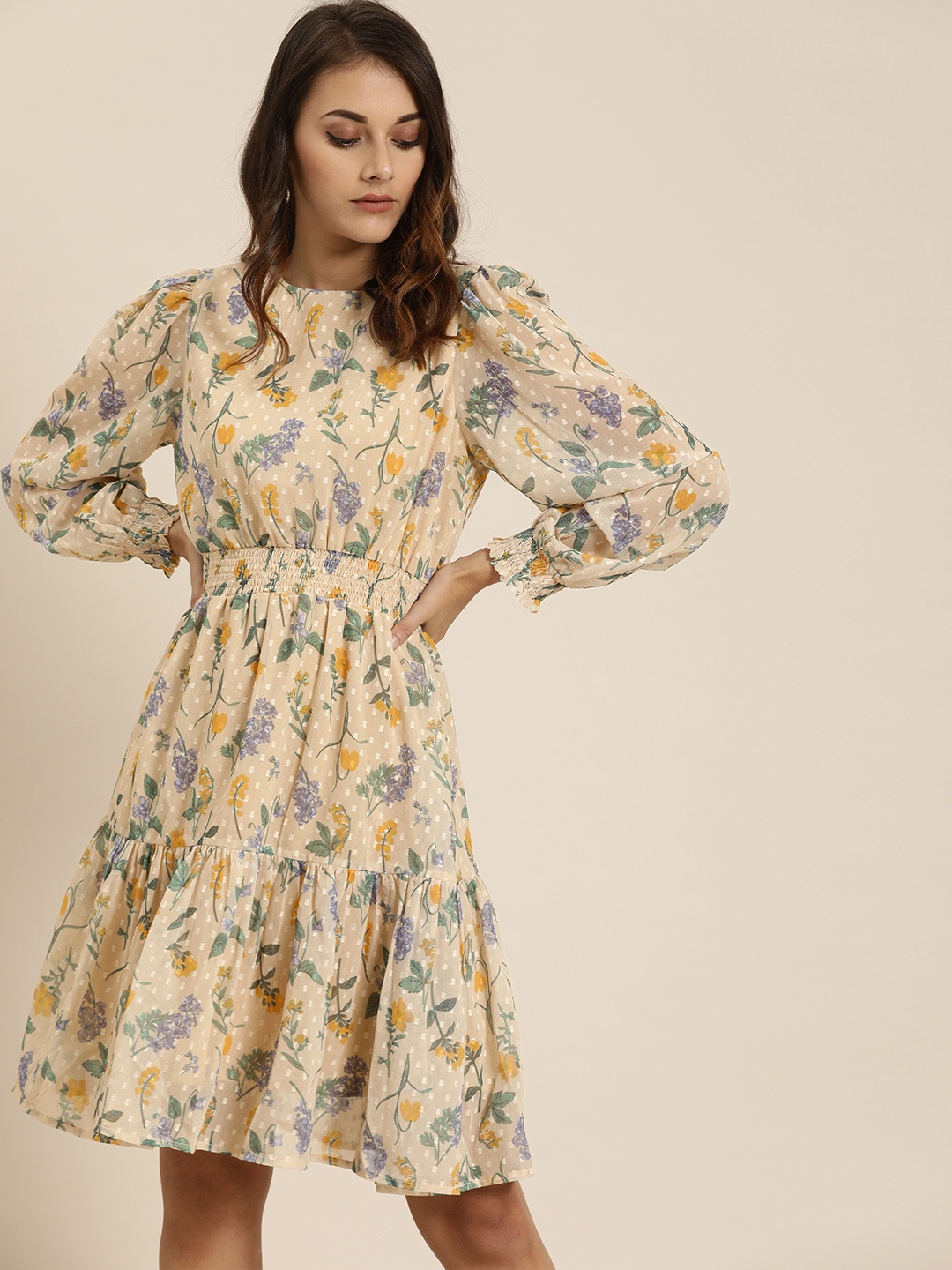 

all about you Classy Beige Floral Printed Pure Cotton Waisted Dress