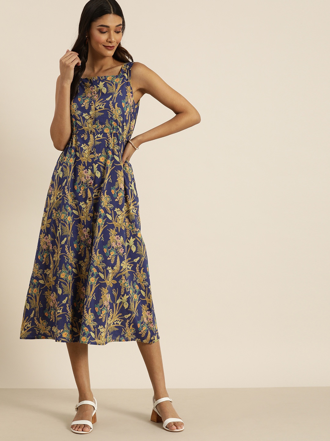 

all about you Women Navy Blue & Yellow Pure Cotton Ethnic Printed A-Line Dress