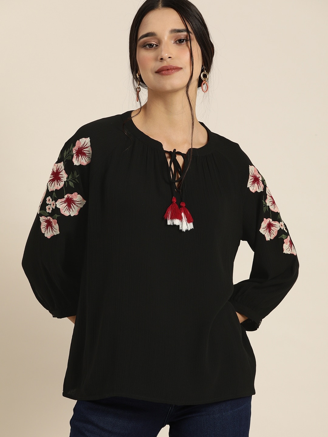 

all about you Black Puff Sleeves Regular Top With Embroidery