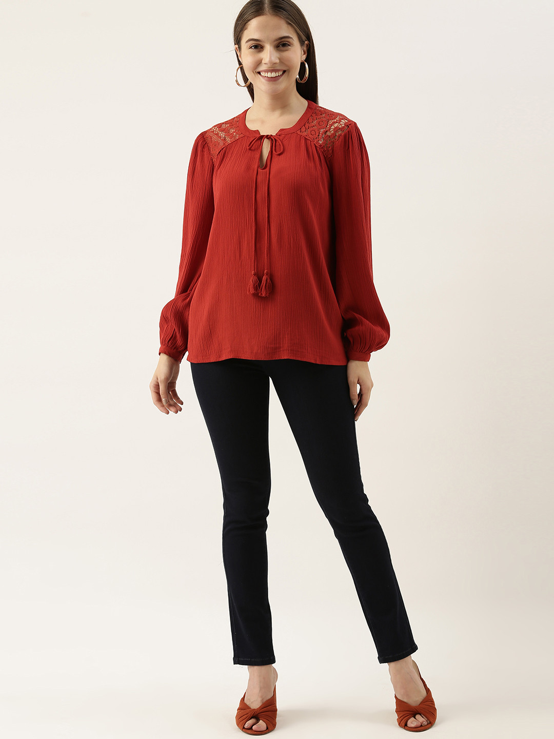 

all about you Rust Red Tie-Up Neck A-Line Top with Lace Inserts