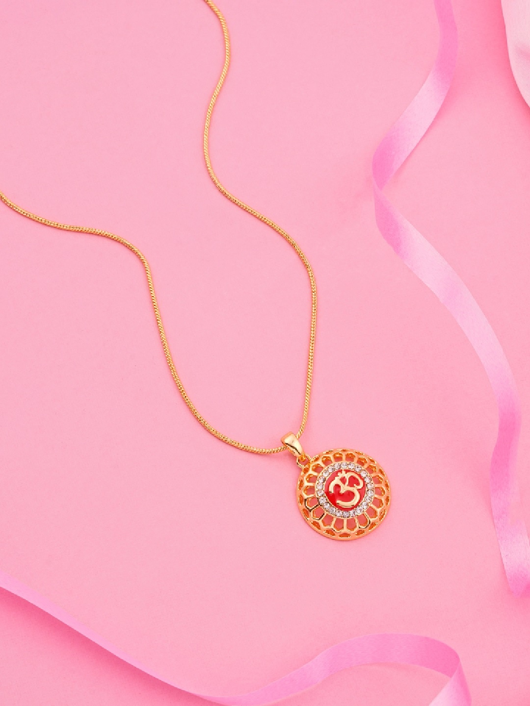 

Estele Gold-Plated Red Enamel Stone-Studded Om Motif Handcrafted Necklace