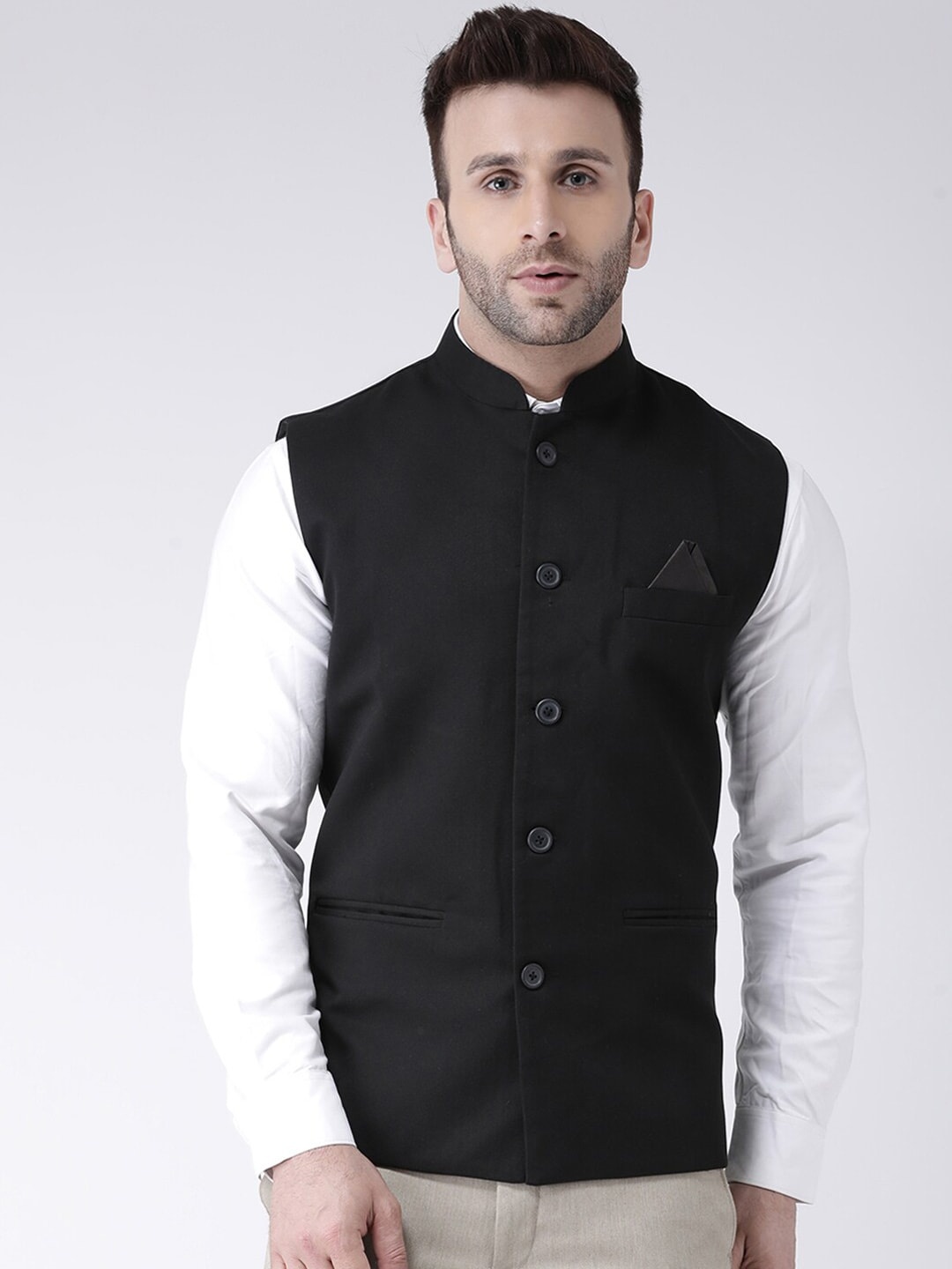 

Hangup Men Black Solid Woven Nehru Jacket