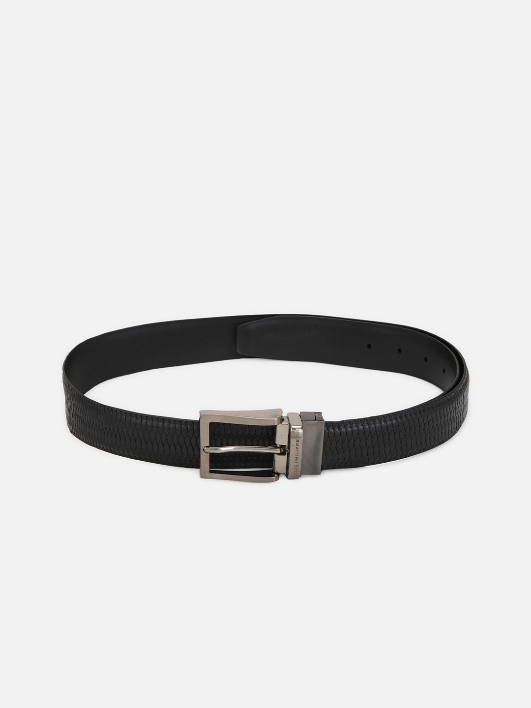 

Louis Philippe Men Black Basket Weave Textured Reversible Leather Belt