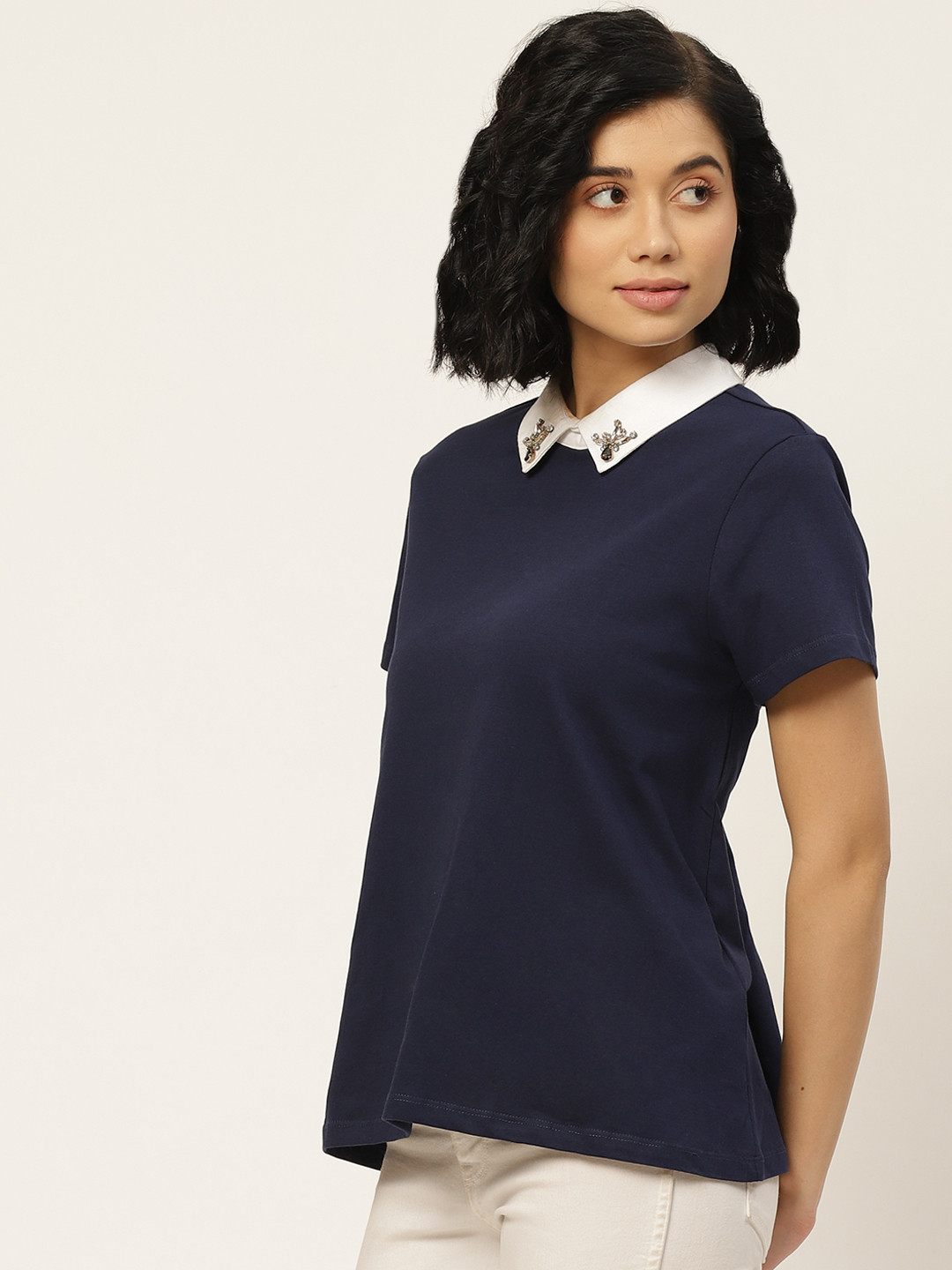 

Chemistry Women Navy Blue Pure Cotton Solid Peter Pan Collar T-shirt