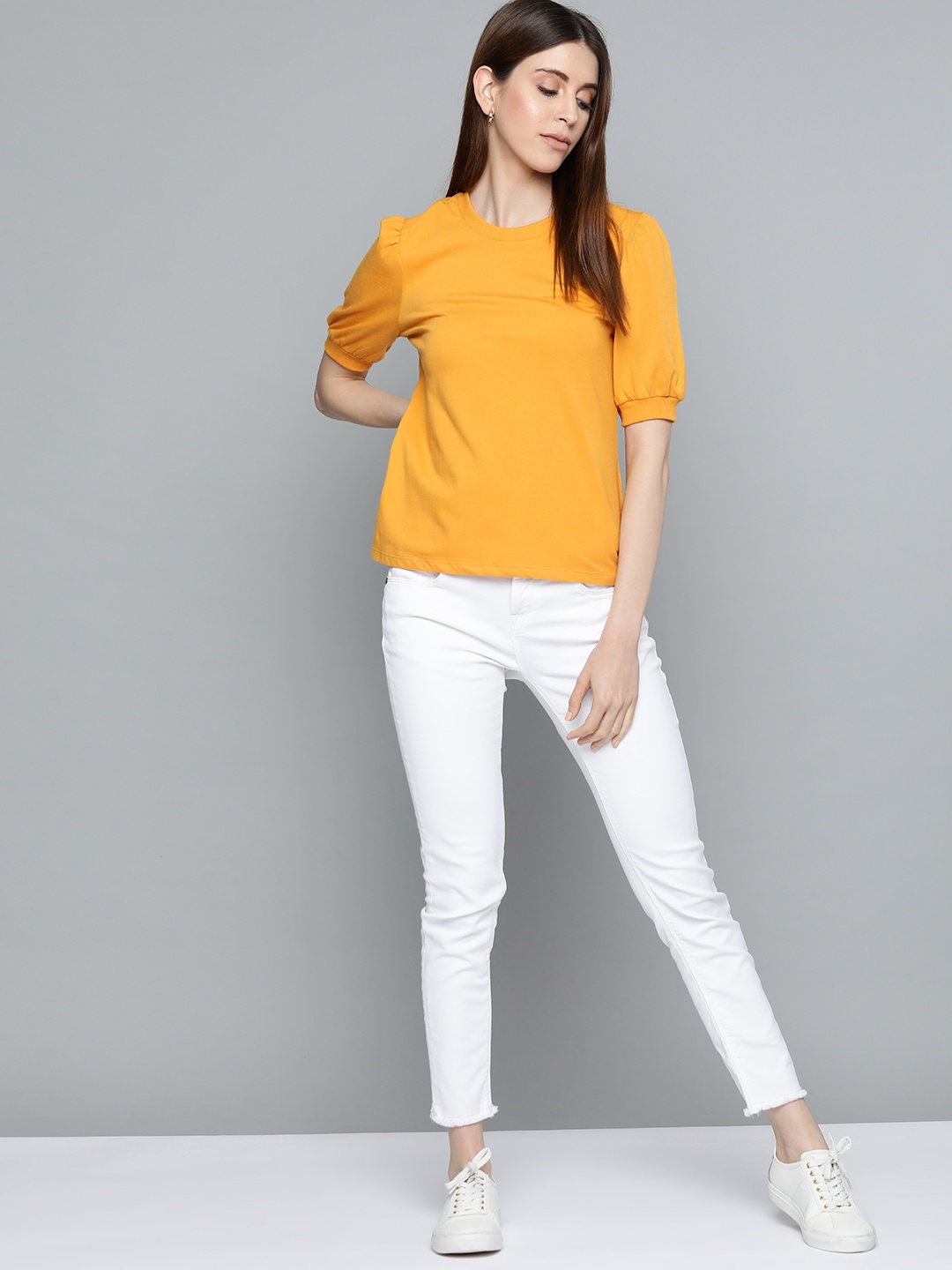 

Chemistry Mustard Yellow Puff Sleeves Pure Cotton Regular Top