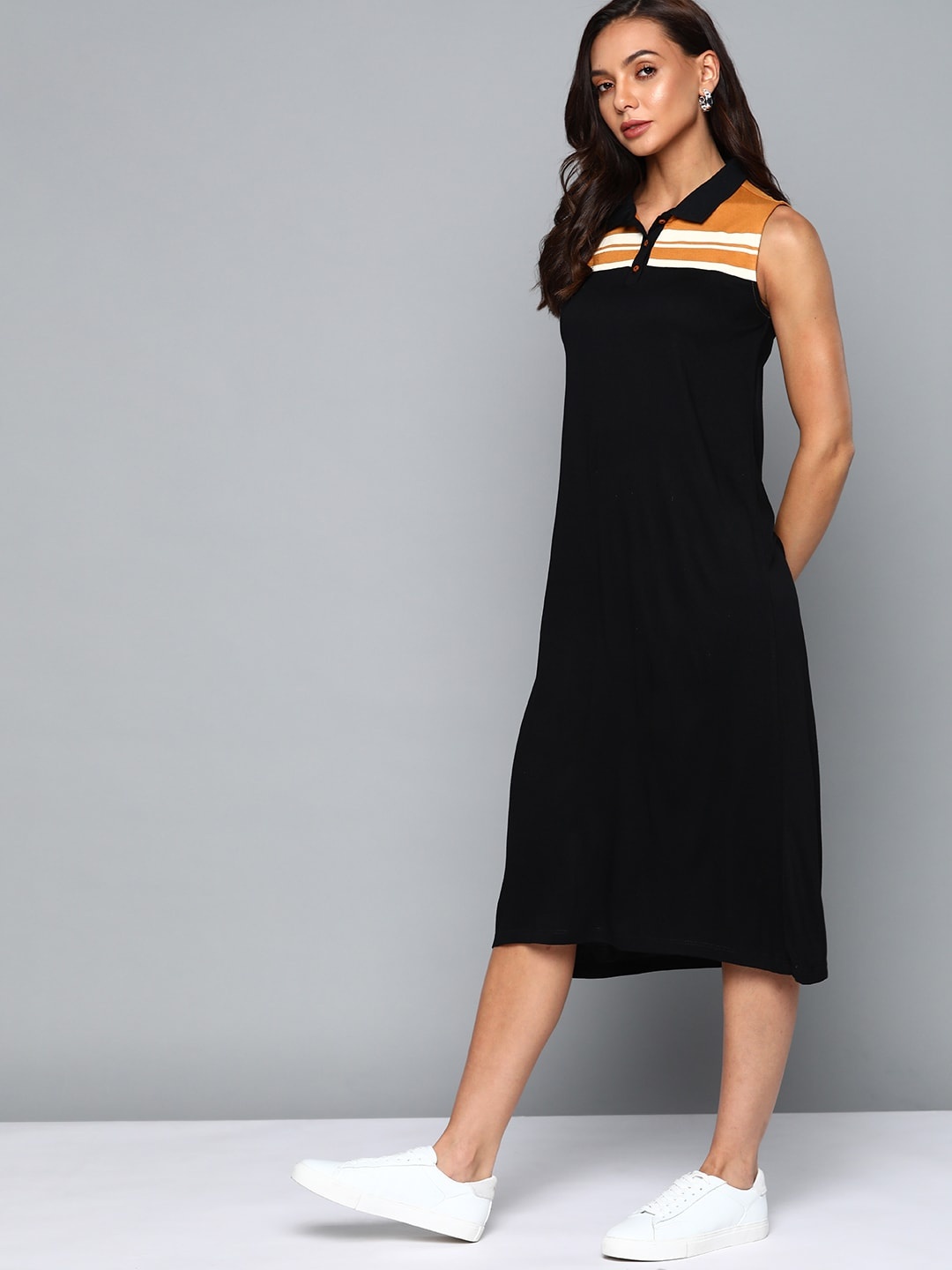 

Chemistry Black Striped Detail Polo T-shirt Midi Dress