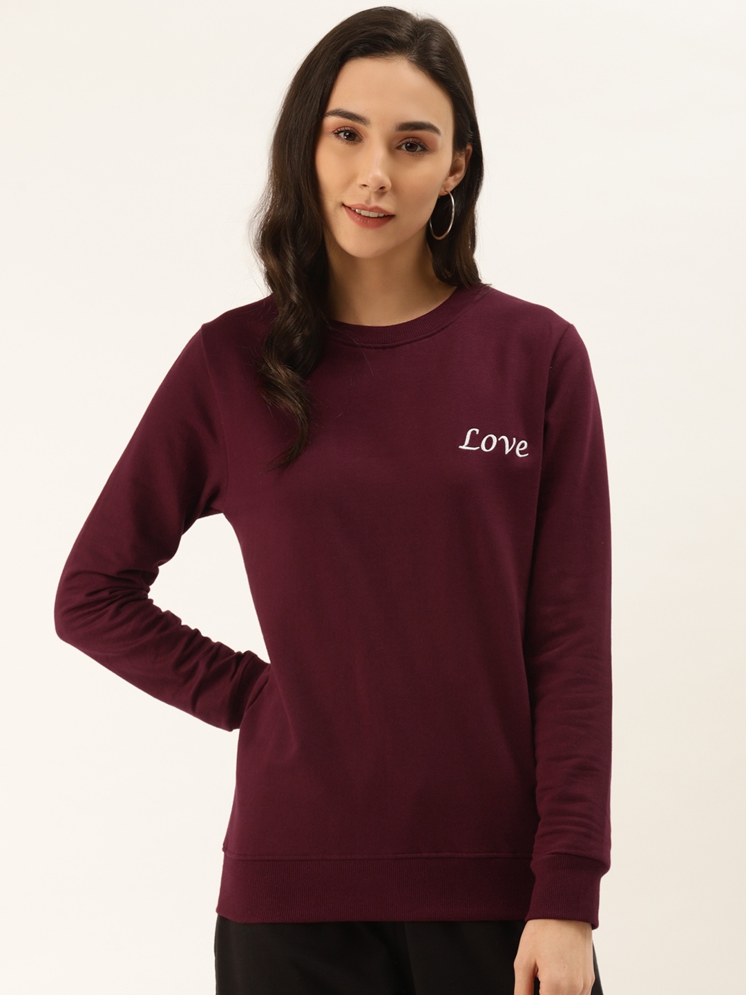 

MBeautiful Women Burgundy Pure Cotton Solid Sweatshirt