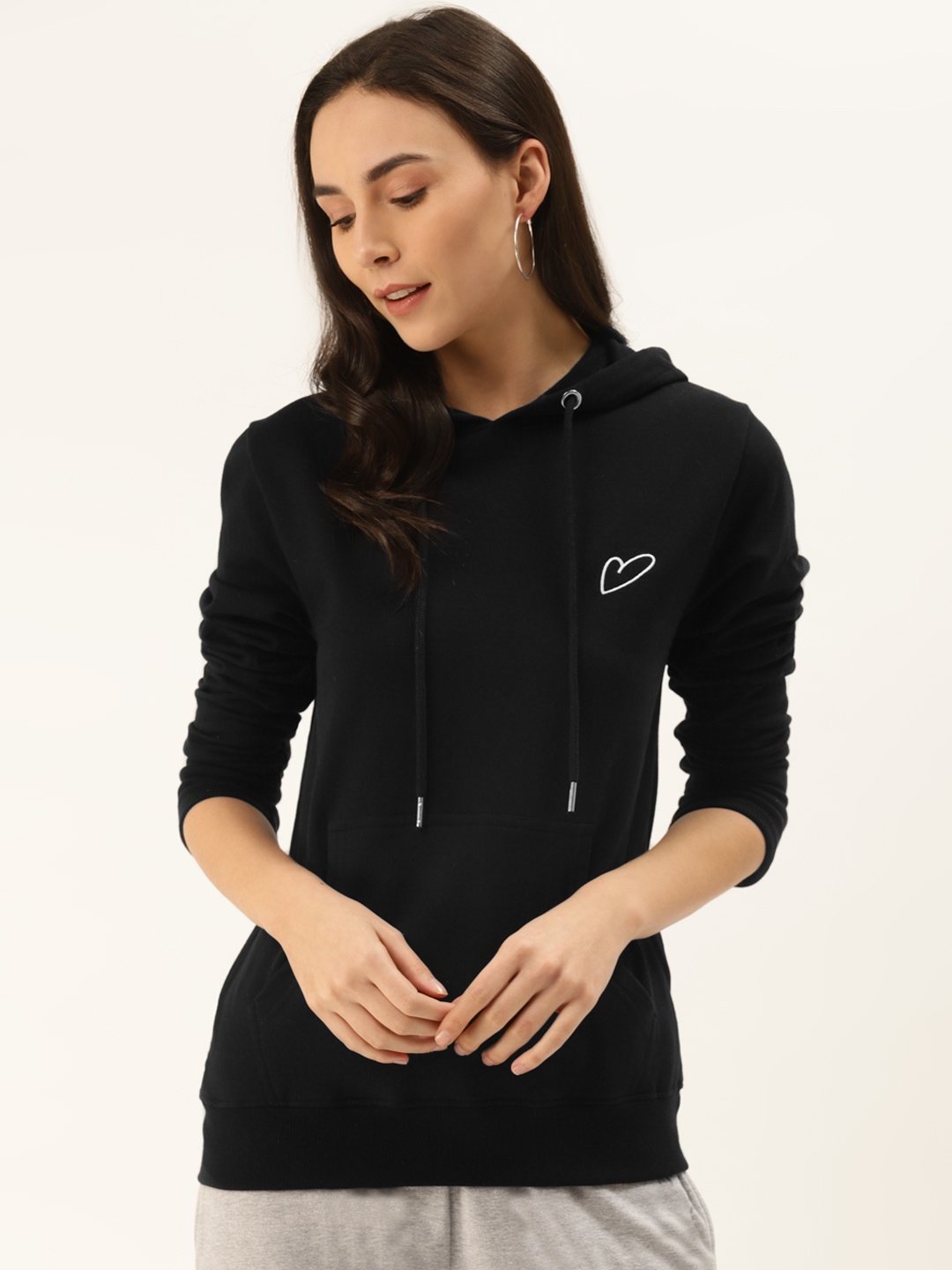 

MBeautiful Women Black Solid Pure Cotton Hooded Sweatshirt