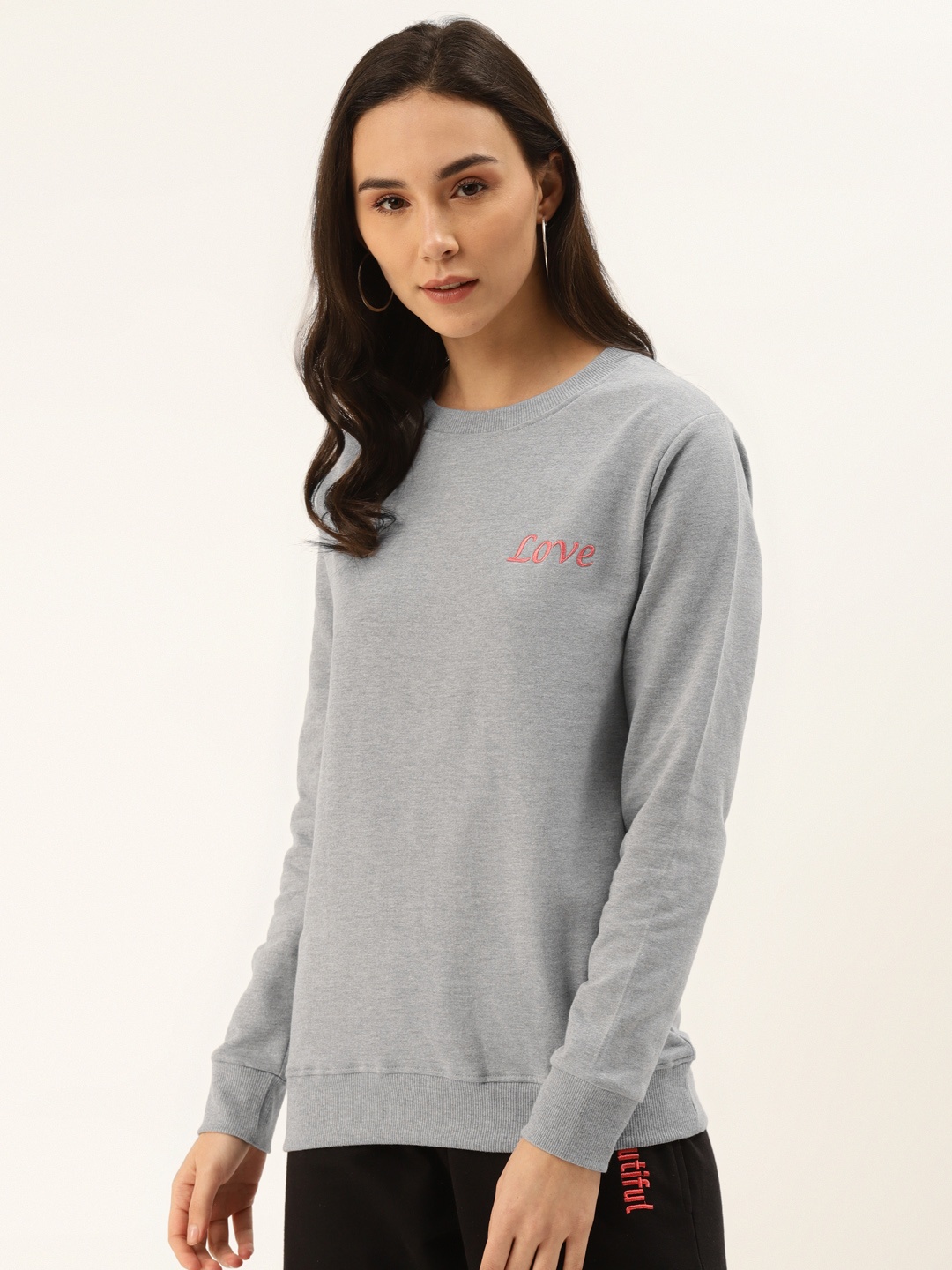 

MBeautiful Women Grey Melange Pure Cotton Solid Sweatshirt