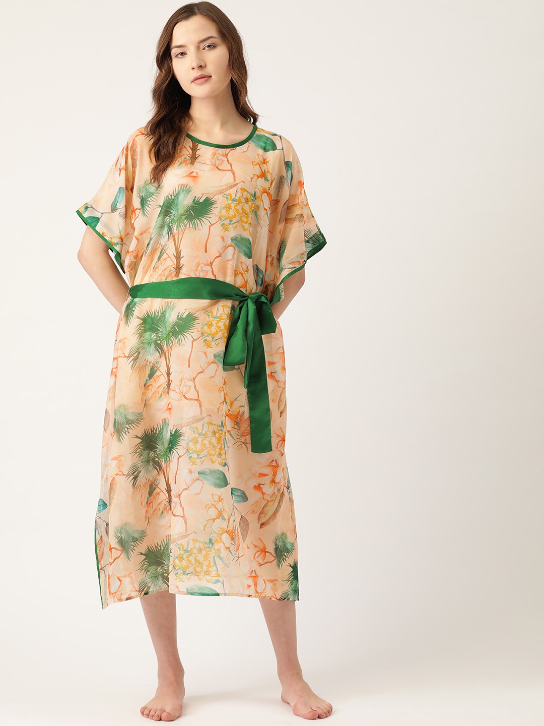 

Rue Collection Women Peach Coloured & Green Floral Print Cover-Up Kaftan Dress