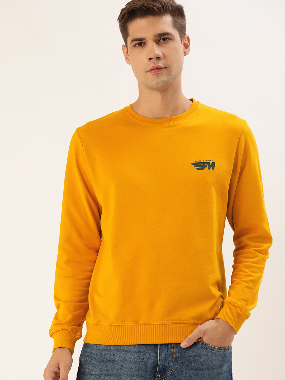 

Flying Machine Men Mustard Yellow Sweatshirt with Printed Detail