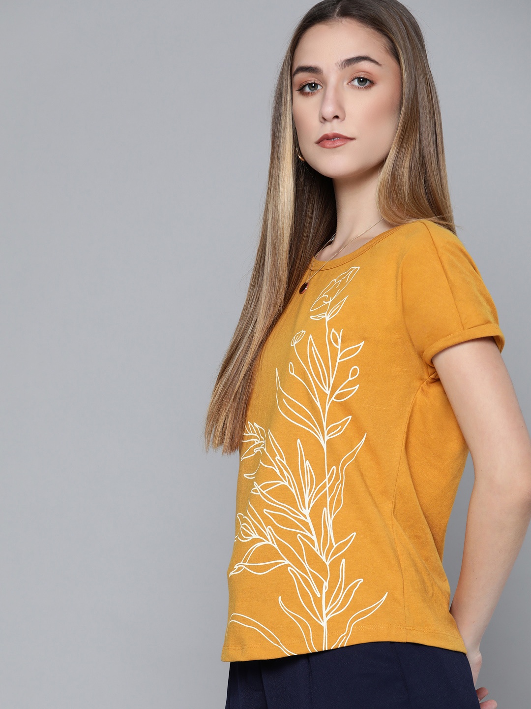 

Chemistry Women Mustard Yellow Floral Print Extended Sleeves T-shirt