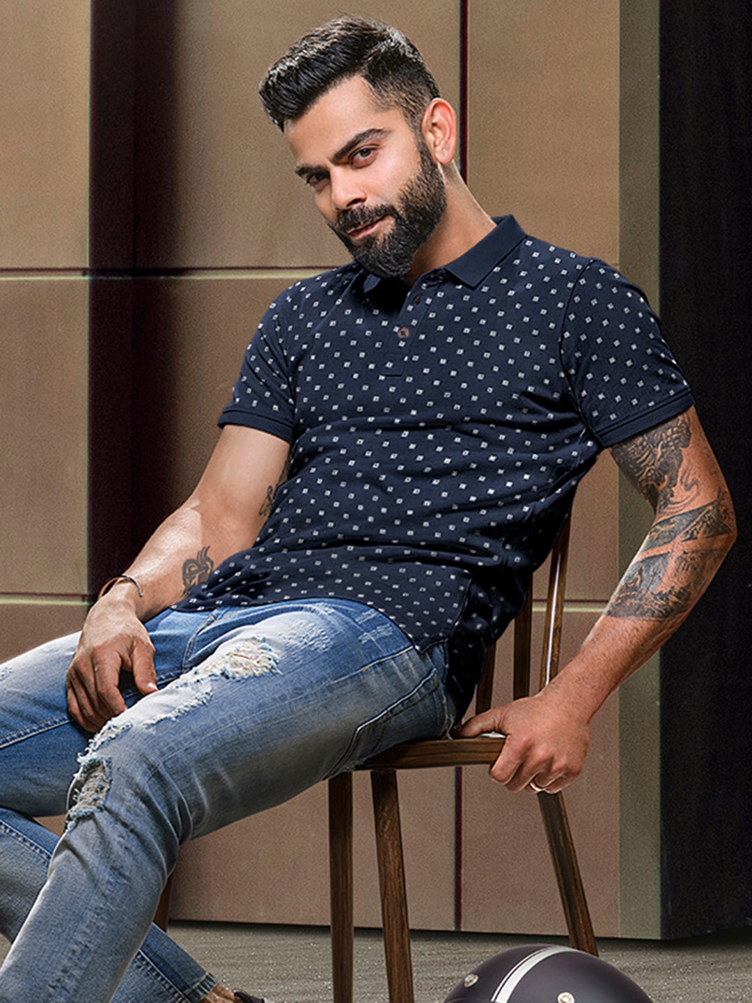 

WROGN Navy Printed Polo Pure Cotton T-shirt, Navy blue