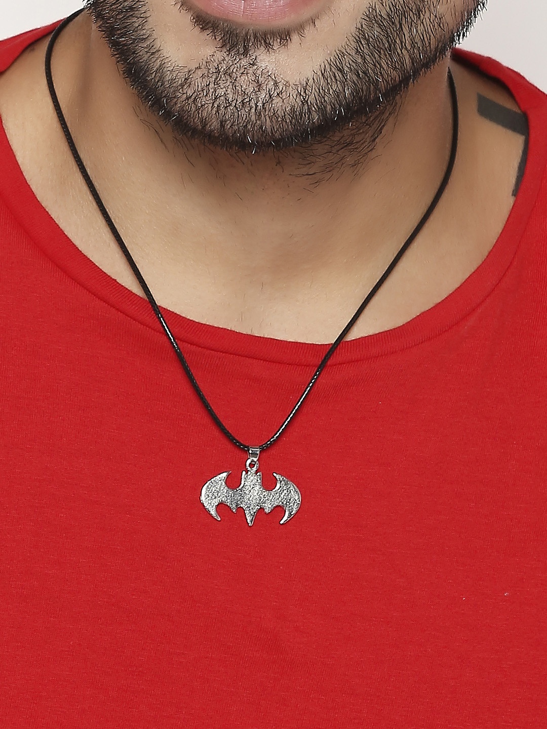 

OOMPH Men Silver-Toned Bat-Shaped Pendant With Black Fashion Chain