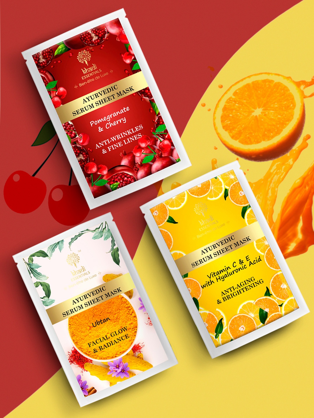 

KHADI ESSENTIALS Unisex Ayurvedic Serum Sheet Mask Combo 60 ml, Red