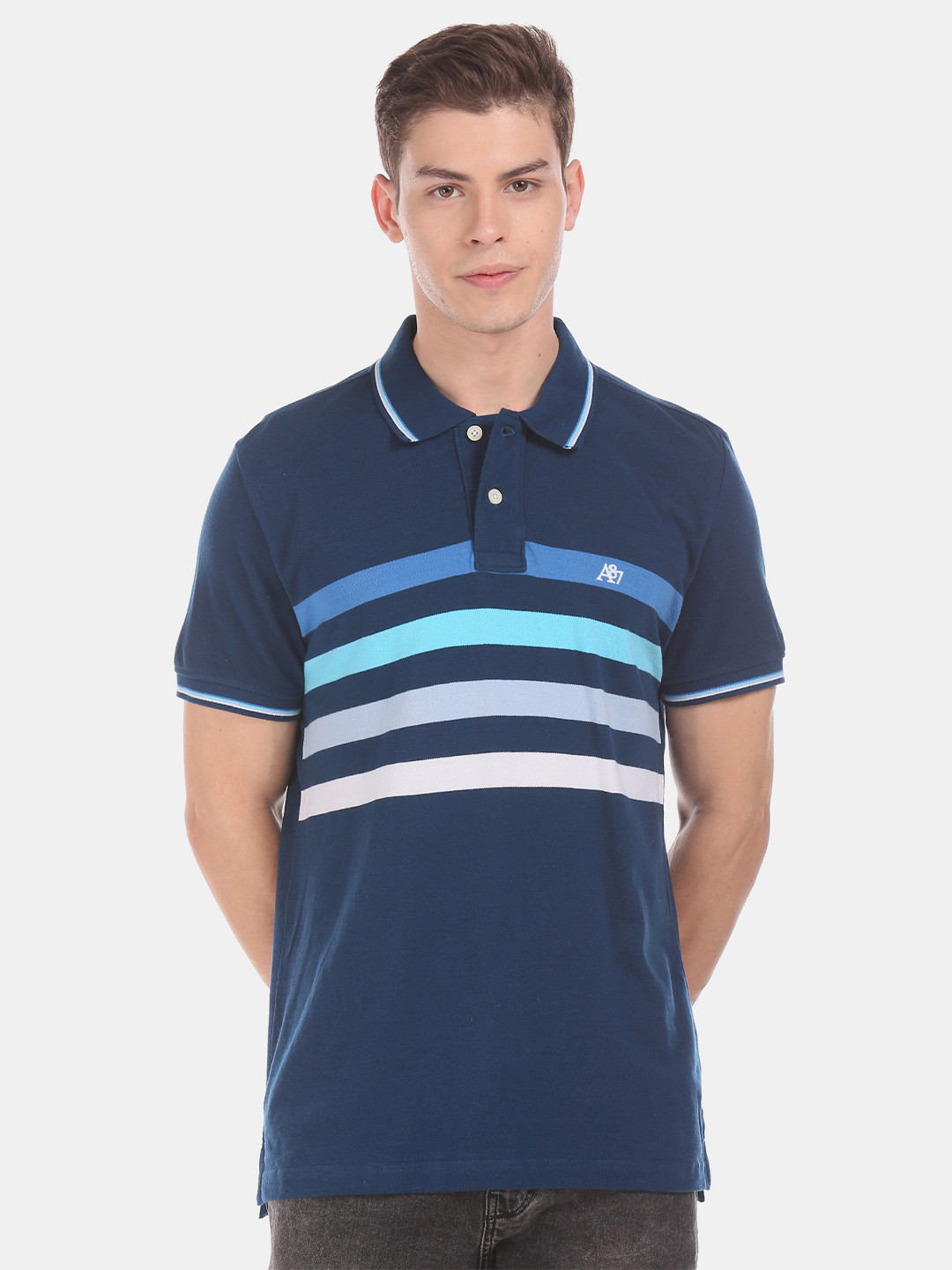 

Aeropostale Men Blue Striped Polo Collar Cotton Pure Cotton T-shirt