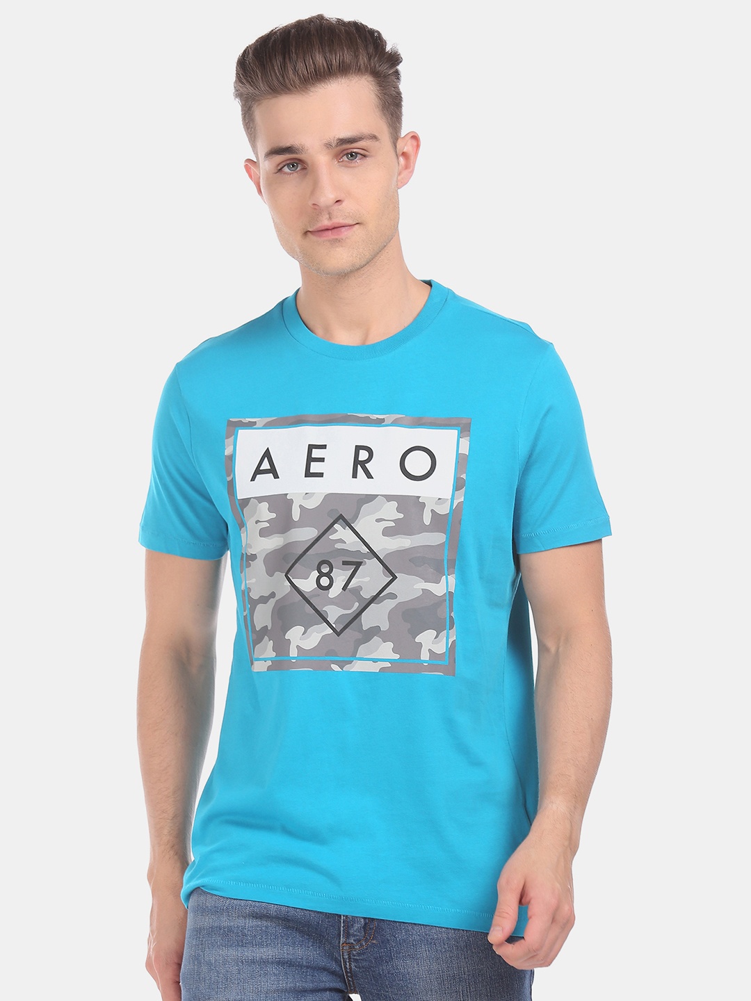 

Aeropostale Men Blue Printed Round Neck Pure Cotton T-shirt