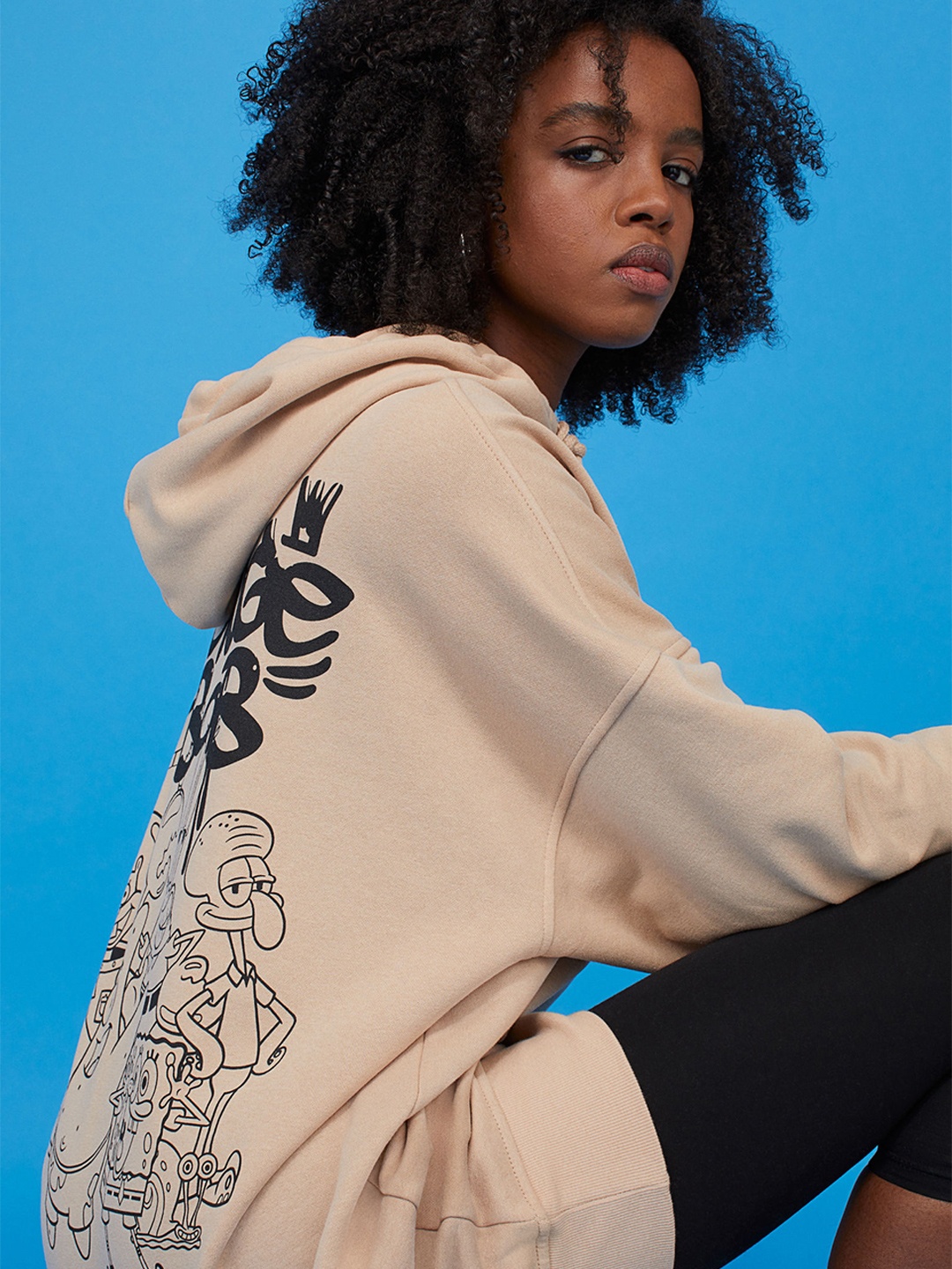 

H&M Women Beige Printed Oversized Hoodie
