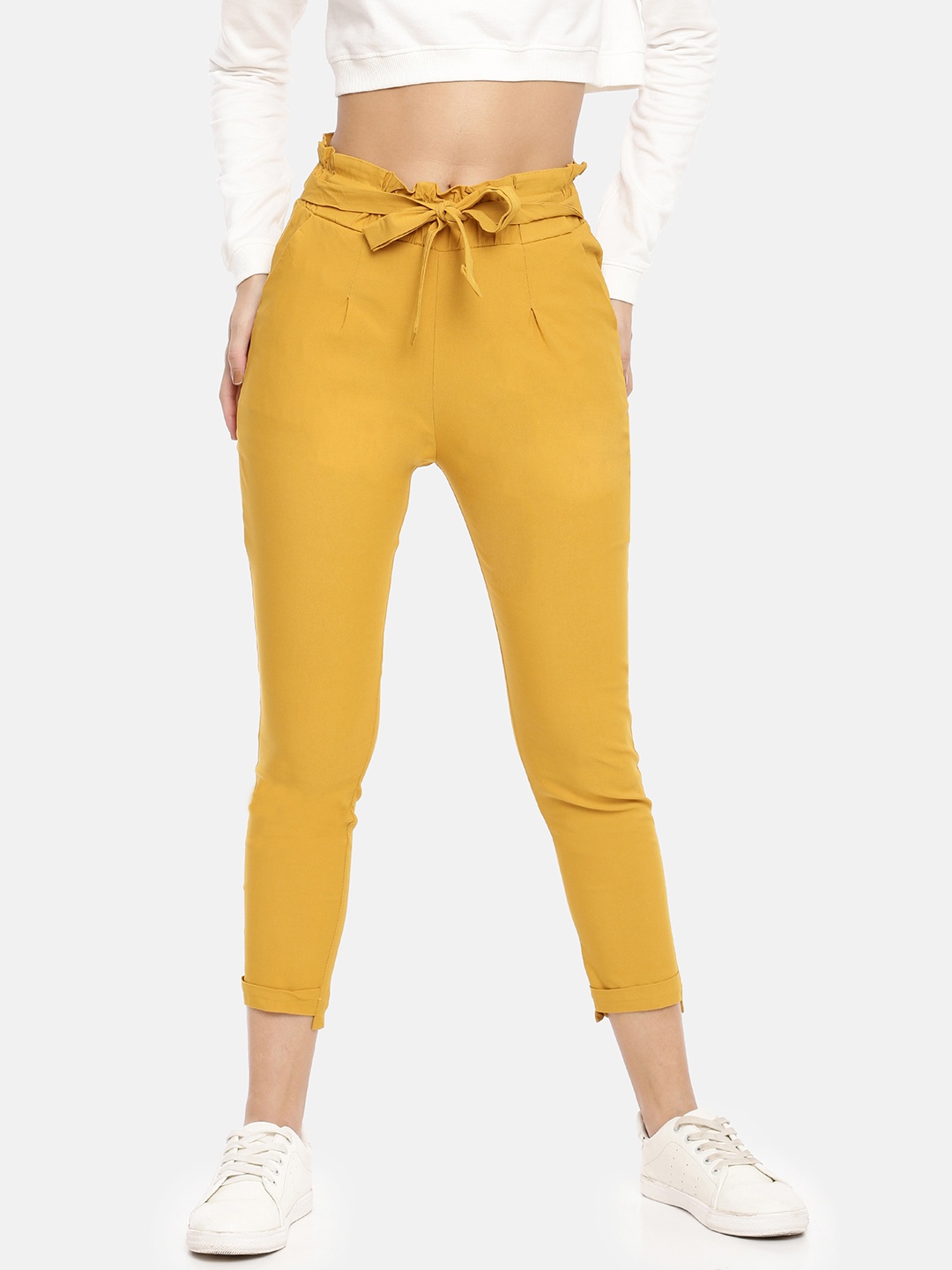 

GOLDSTROMS Women Mustard Yellow Slim Fit Solid Regular Trousers