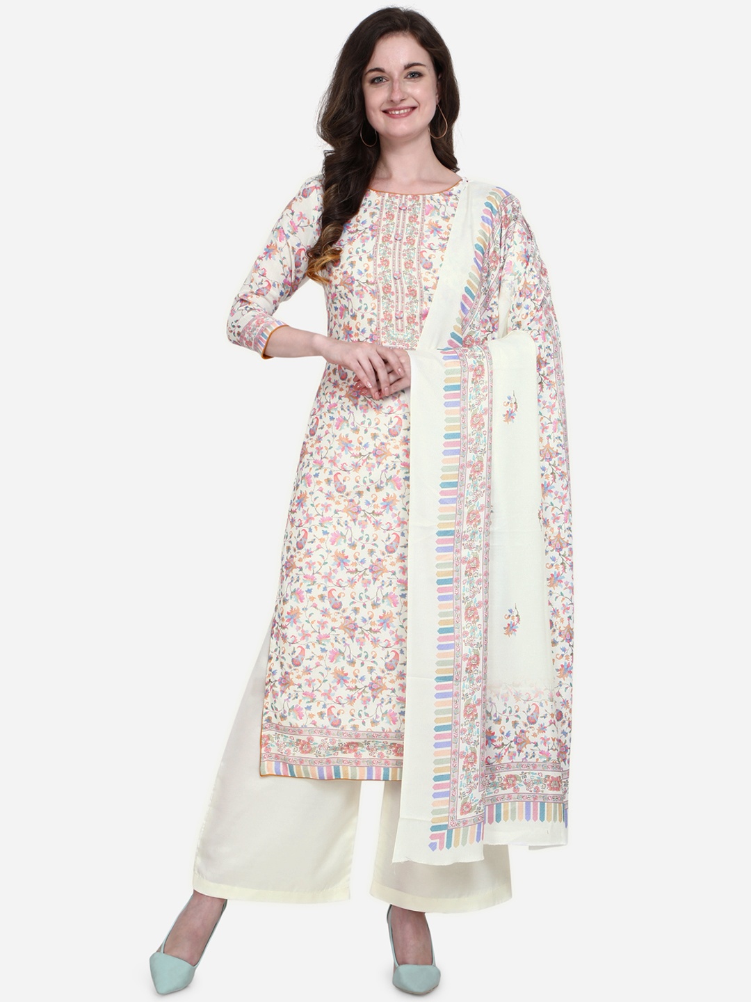 

Stylee LIFESTYLE Cream-Coloured & Pink Silk Blend Unstitched Dress Material