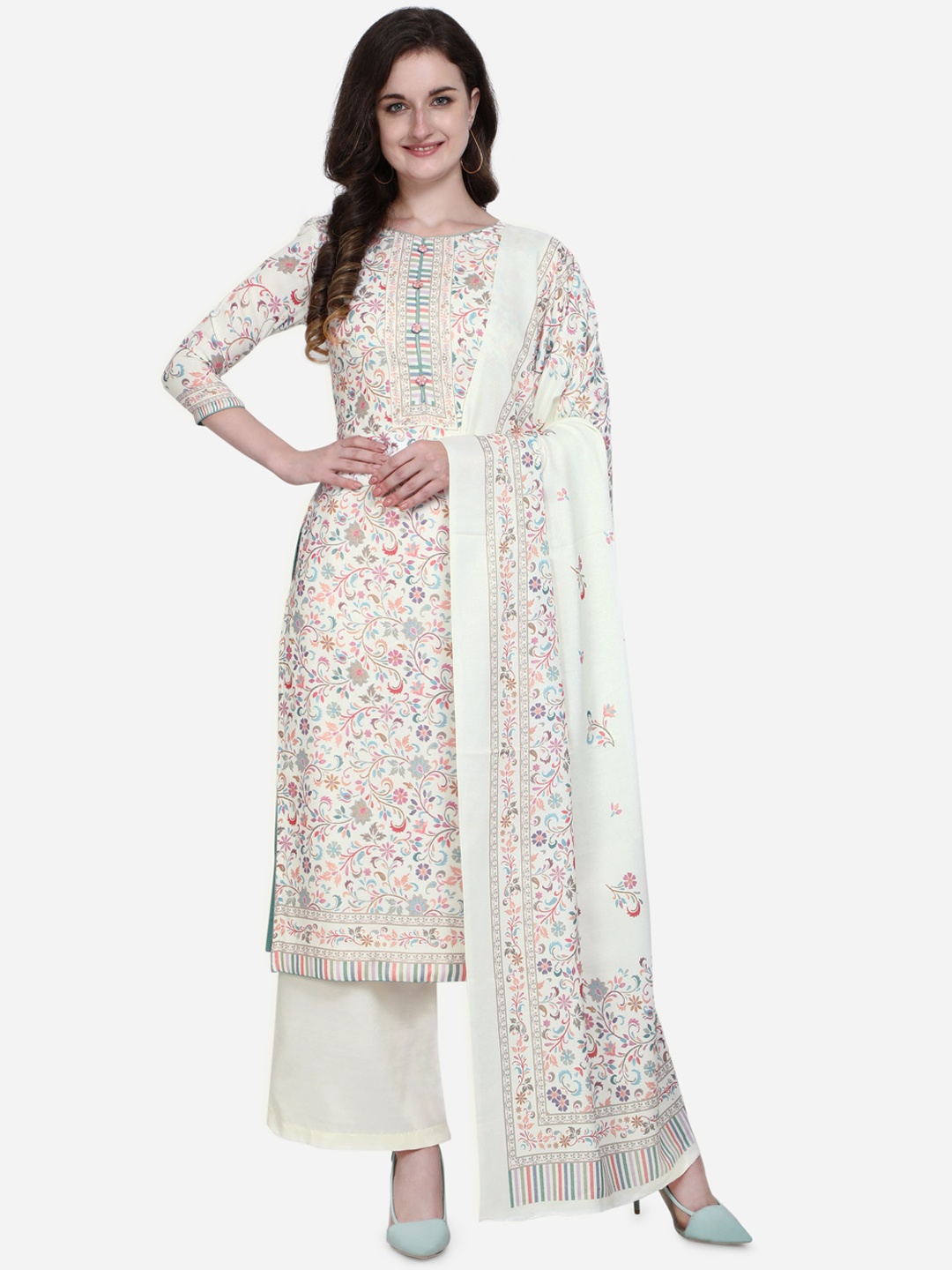 

Stylee LIFESTYLE Cream-Coloured & Pink Silk Blend Unstitched Dress Material