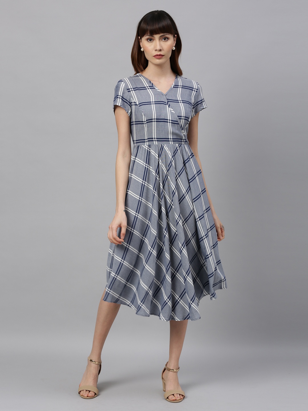 

Park Avenue Woman Navy Blue & Grey Checked Fit and Flare Dress
