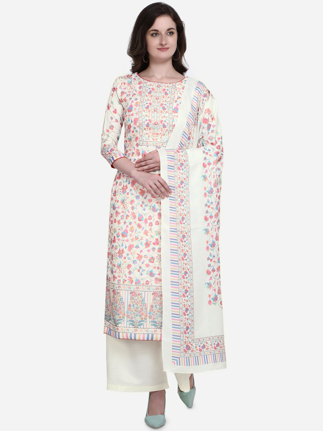 

Stylee LIFESTYLE Off-White & Pink Silk Blend Unstitched Dress Material