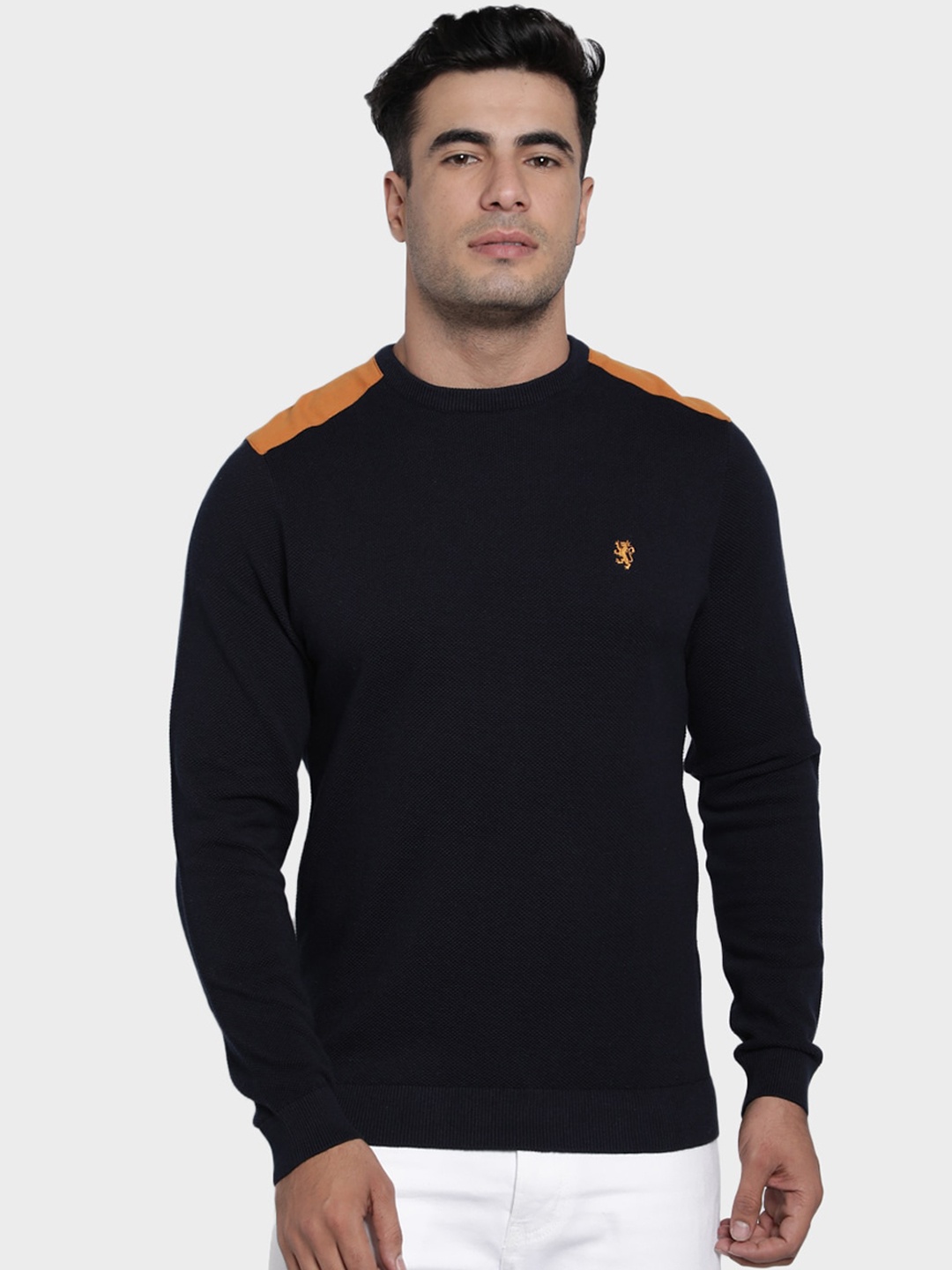 

Red Tape Men Navy Blue Colourblocked Pullover Sweater