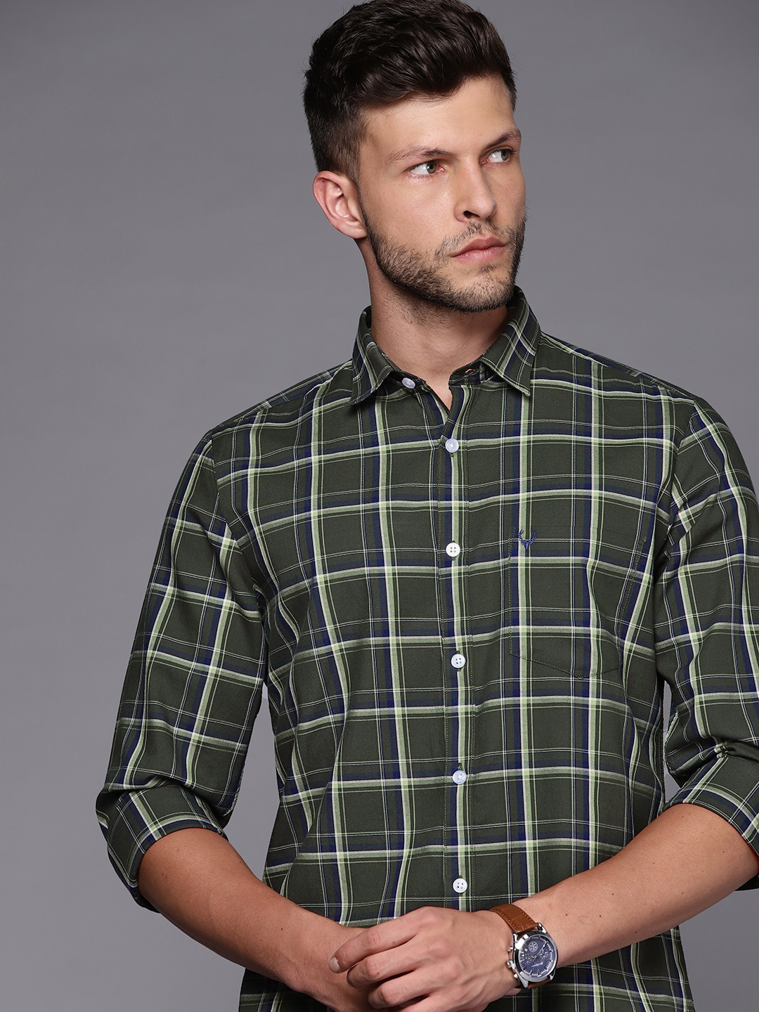 

Allen Solly Men Olive Green & Navy Blue Pure Cotton Modern Fit Tartan Checked Casual Shirt