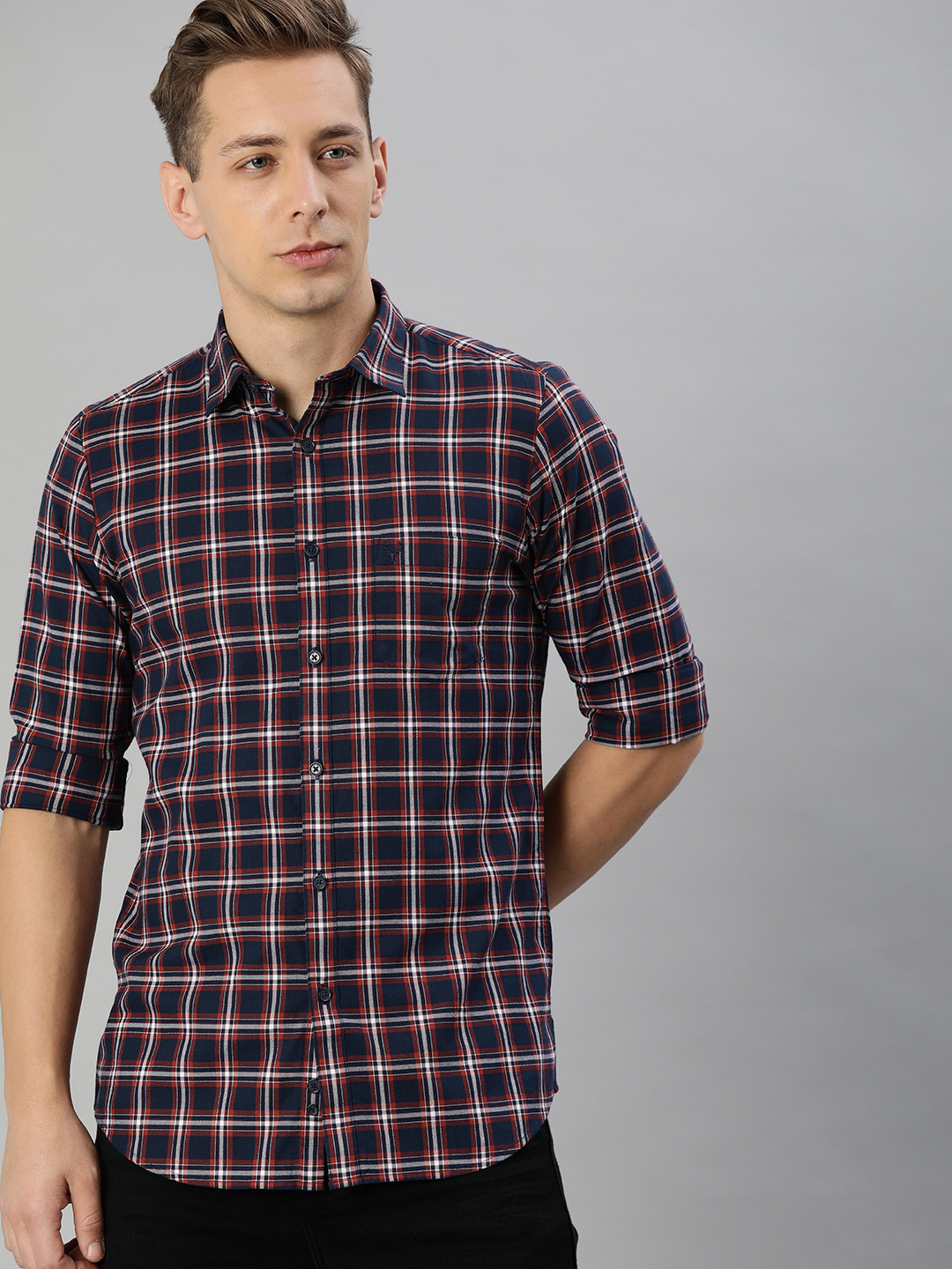 

Allen Solly Men Navy Blue & Red Slim Fit Checked Casual Shirt