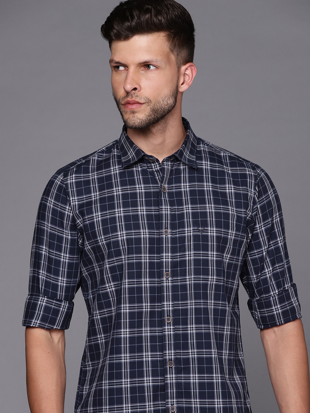 

Allen Solly Men Navy Blue Pure Cotton Slim Fit Checked Casual Shirt