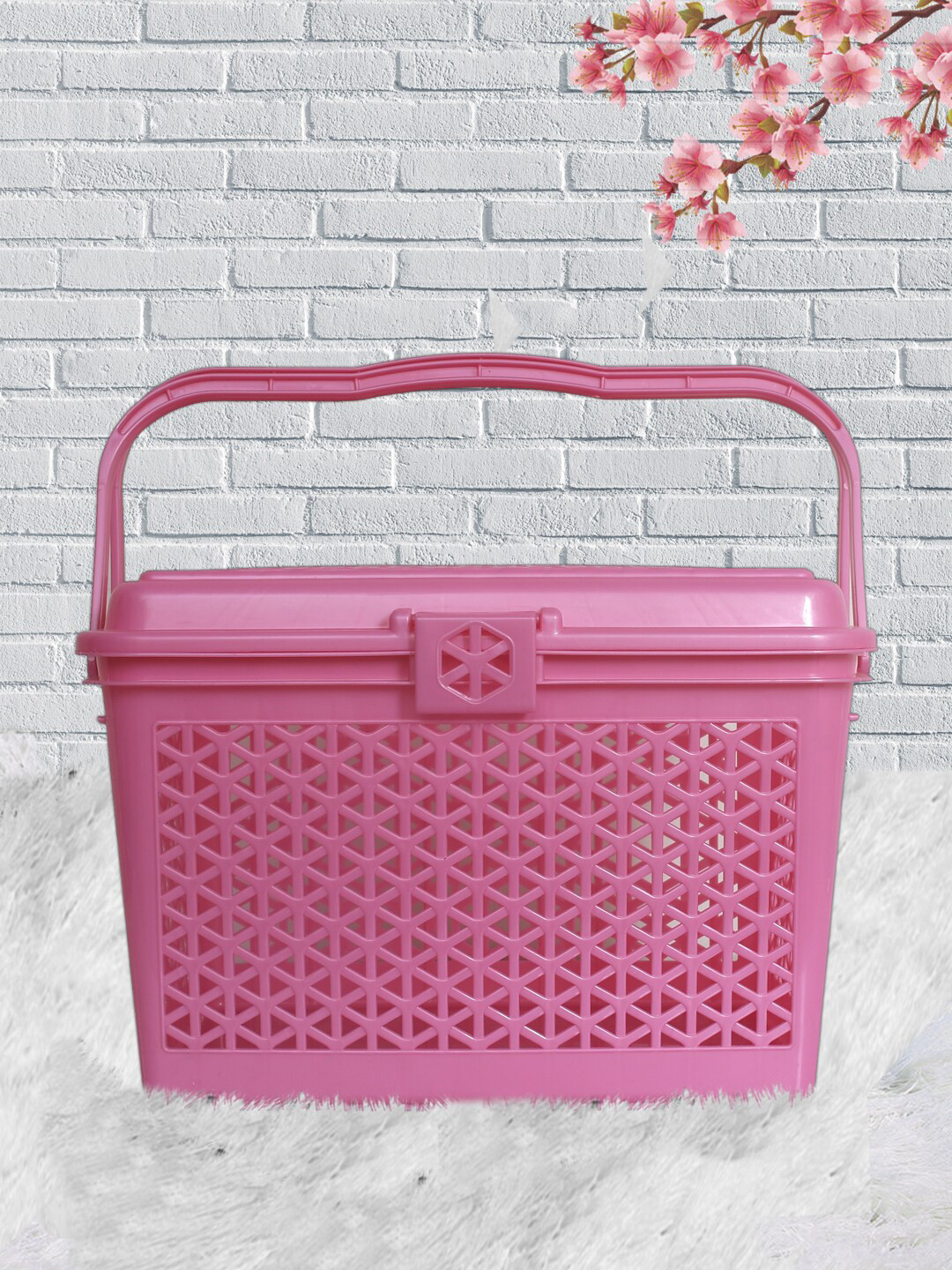 

Kuber Industries Pink Plastic Multipurpose Shopping Large Basket with Lid