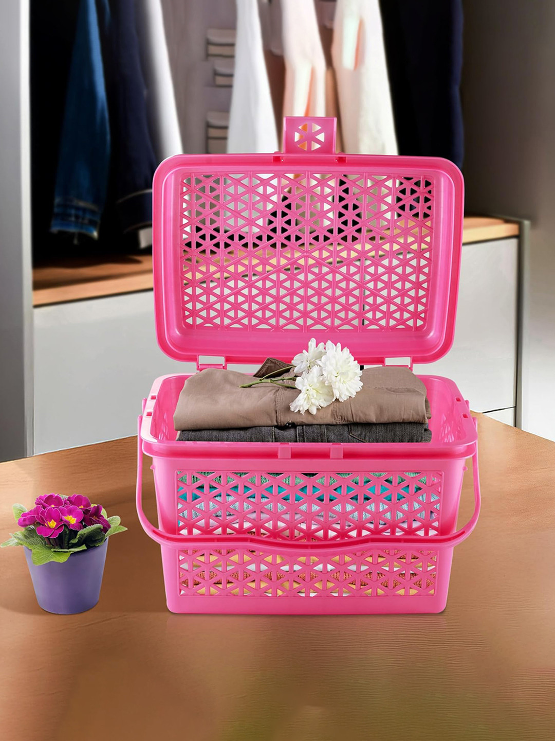 

Kuber Industries Pink Multipurpose Basket With Lid