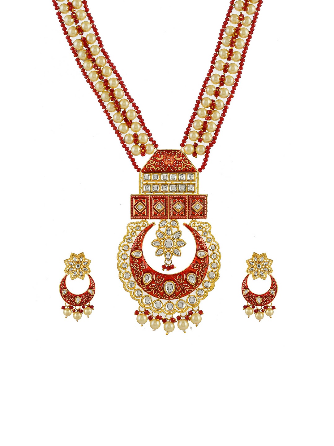 

Silvermerc Designs Gold-Plated Kundan Studded Red & Pearl Beaded Enamelled Jewellery Set