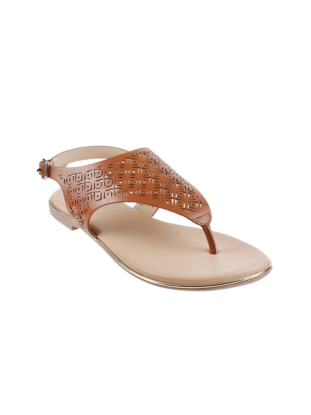 

Mochi Women Tan Brown Laser Cut T-Strap Flats