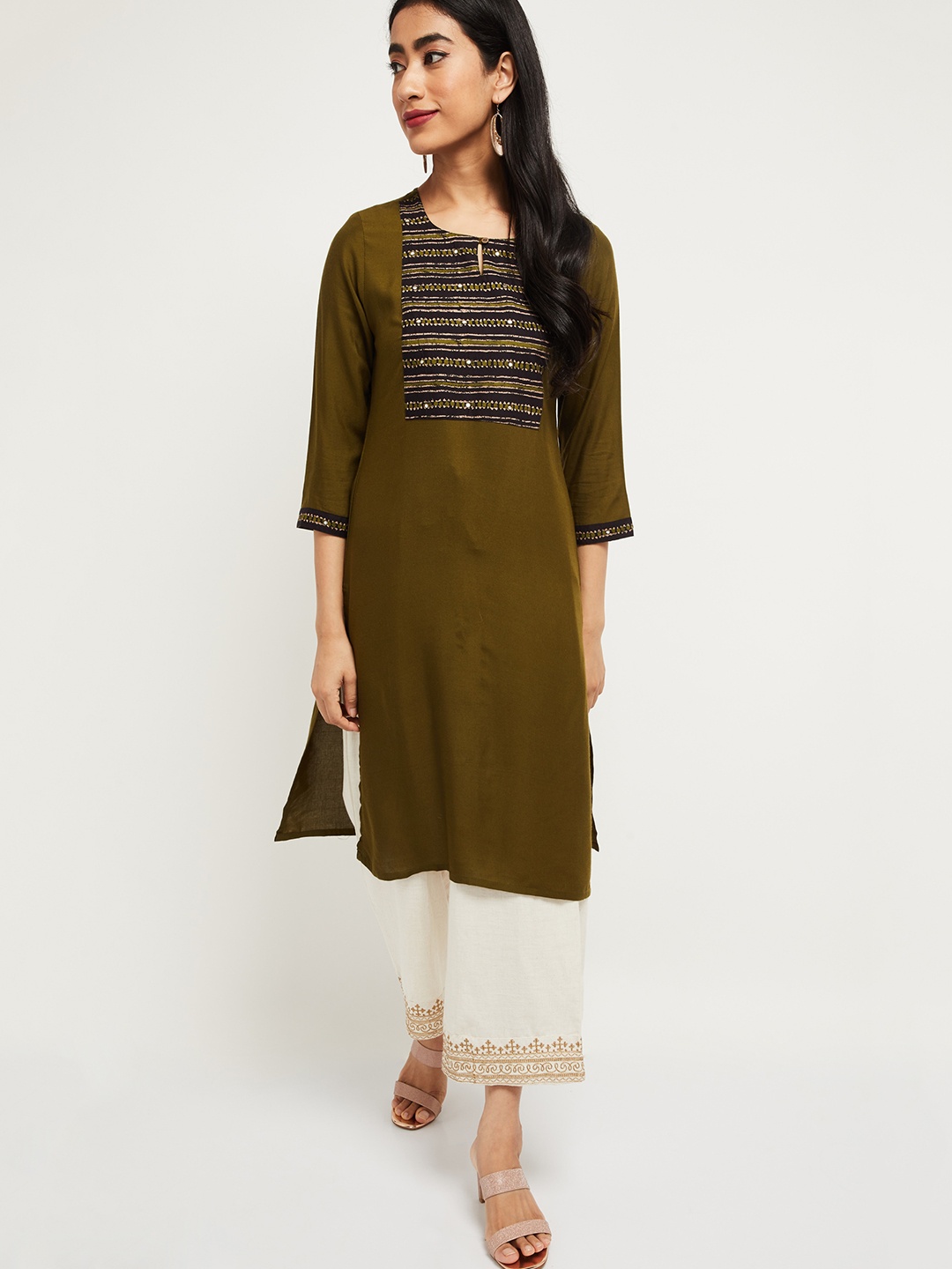 

max Women Olive Brown Printed A-Line Kurta