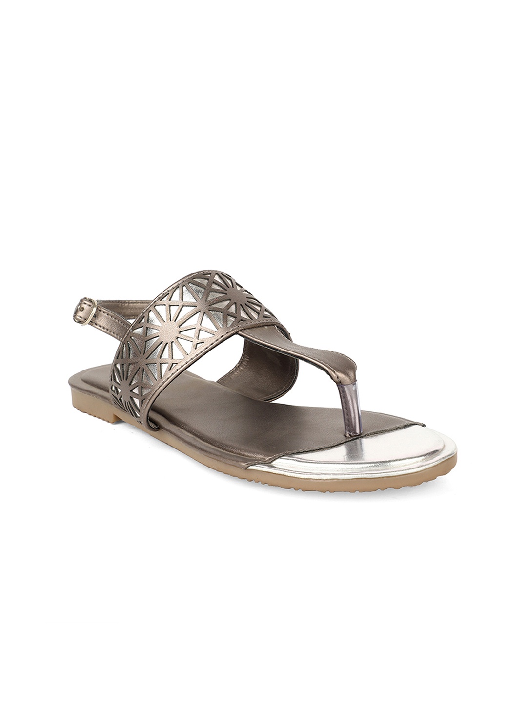 

Footin Women Gunmetal-Toned Laser Cut PU T-Strap Flats, Metallic