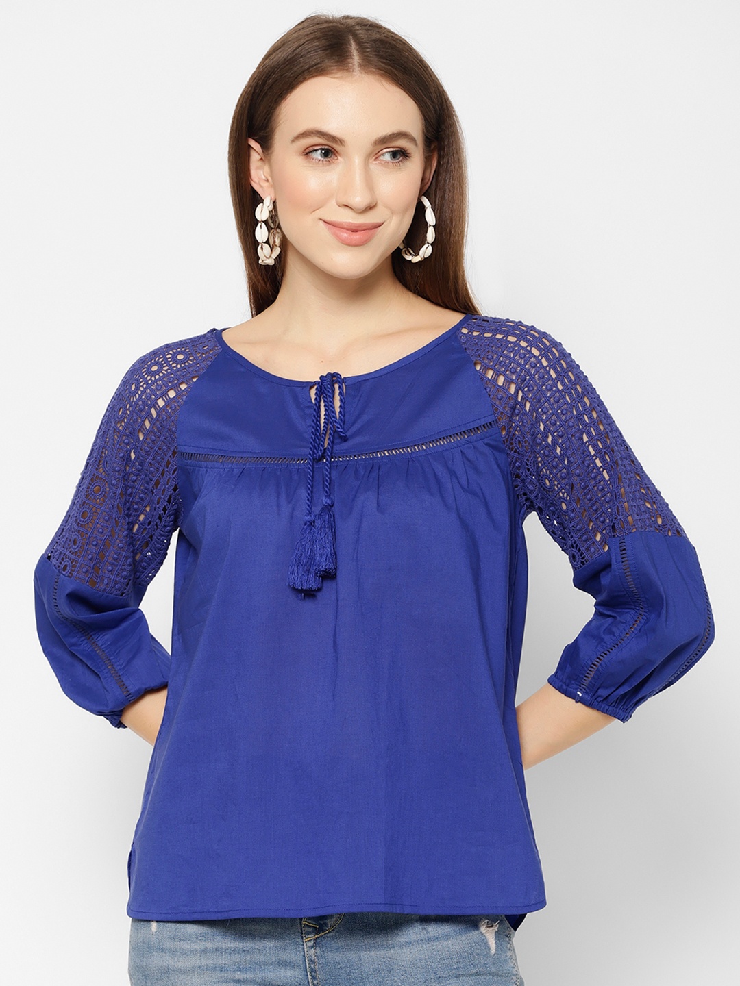 

HOUSE OF KKARMA Women Blue Solid Pure Cotton Top