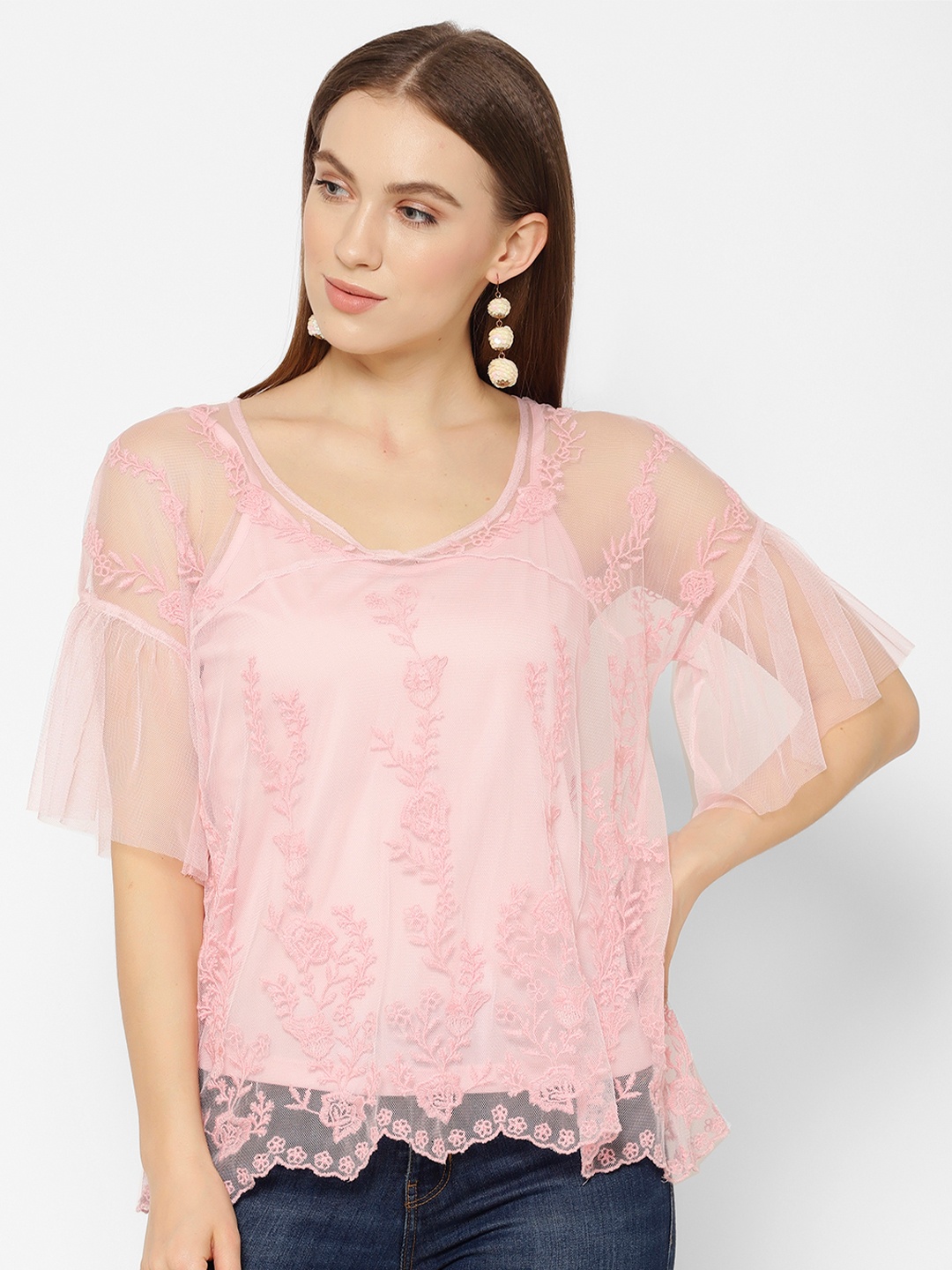 HOUSE OF KKARMA Women Pink Self Design Top