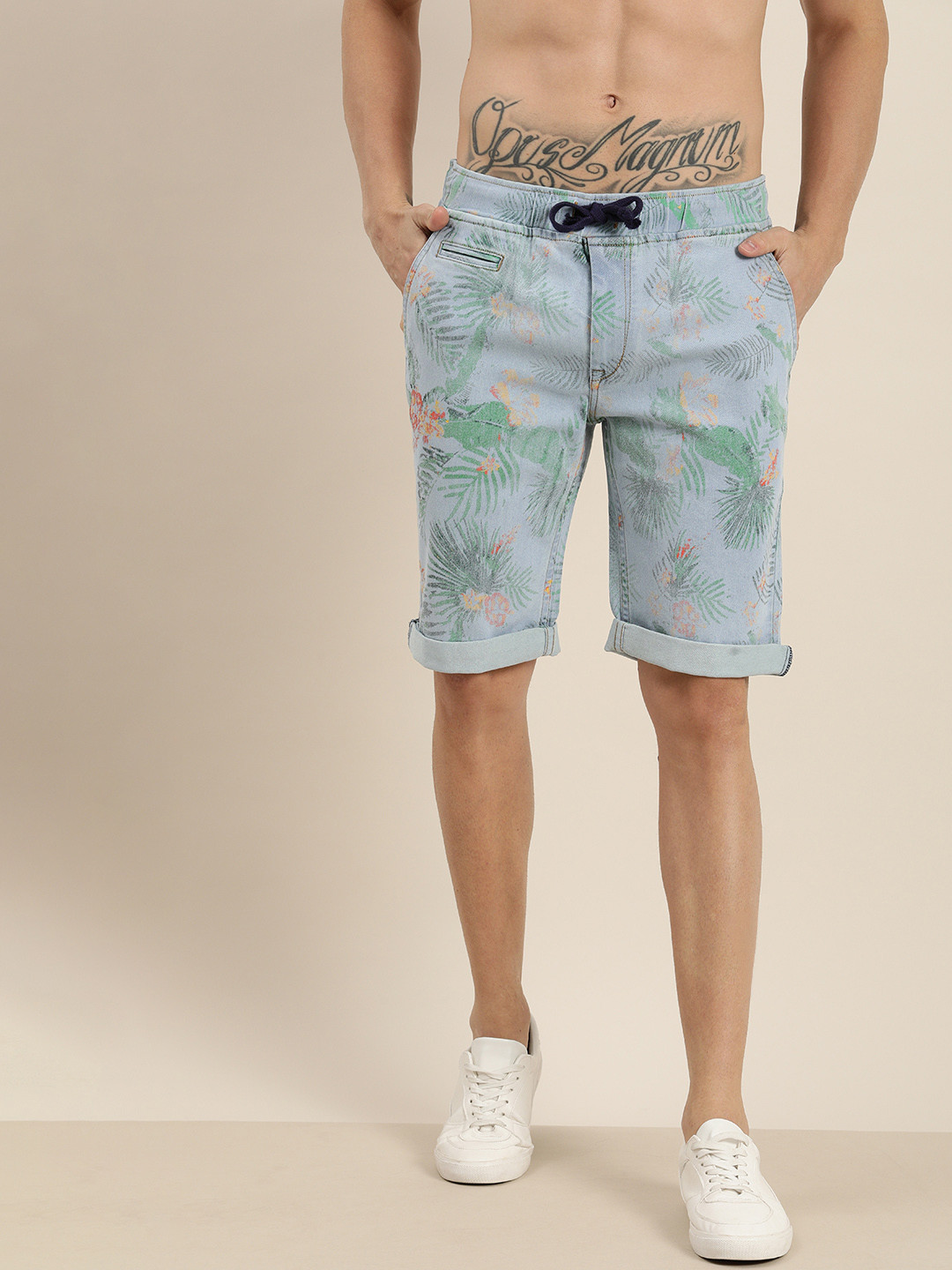 

Moda Rapido Men Blue Printed Regular Fit Denim Shorts
