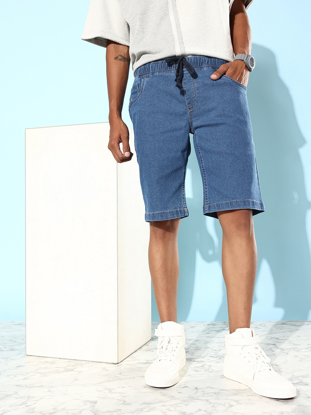 

HERE&NOW Men Ocean Blue Mid-Rise Denim Cut Off Shorts