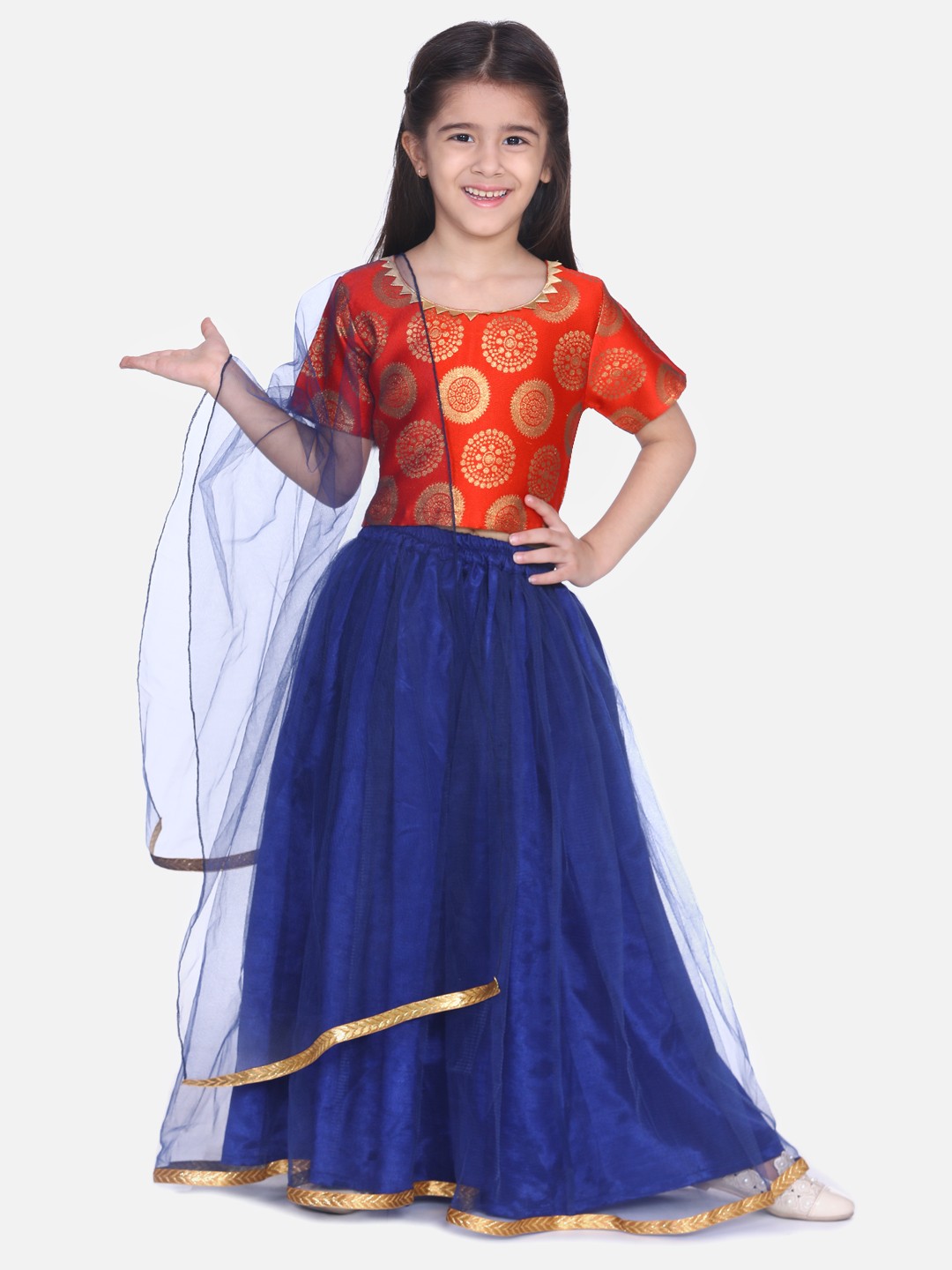 

BownBee Girls Orange & Navy Blue Solid Ready to Wear Lehenga & Blouse with Dupatta